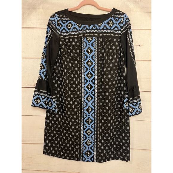Loft Dress Size Small Petite Long Sleeve Black Blue White Boehmian Chic - Picture 1 of 5